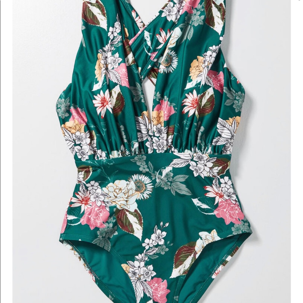 ModCloth Lauren green floral plunge one piece - Picture 5 of 13